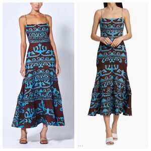 ALEXIS Ayanna Brown Blue Southwest Aztec Print Midi Dress in Oceano